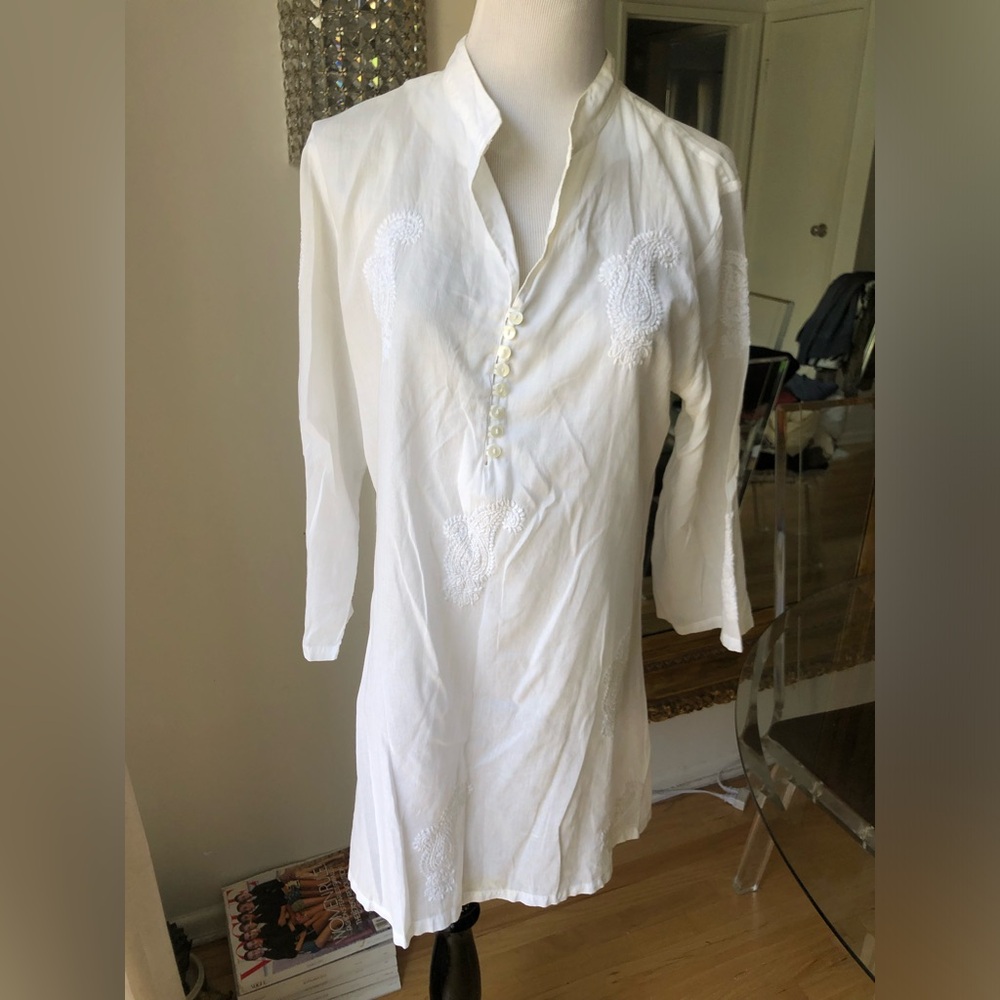 White Embroidered Cotton Tunic Top - Women's MK